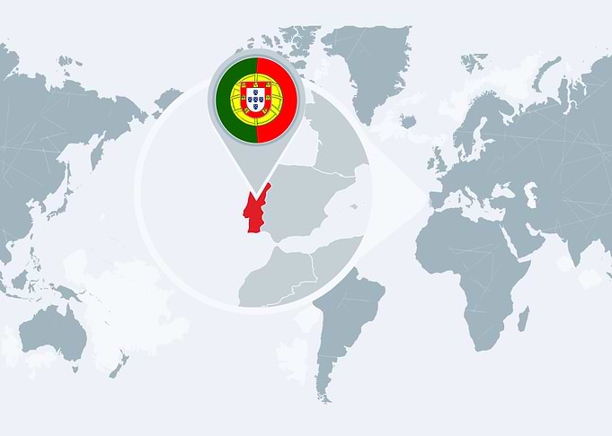 Portugal on World Map with Flag