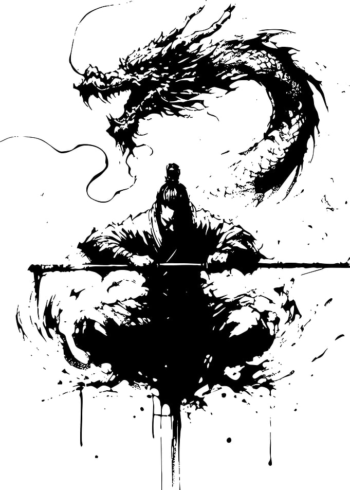 Samurai and Dragon Ink Illustration