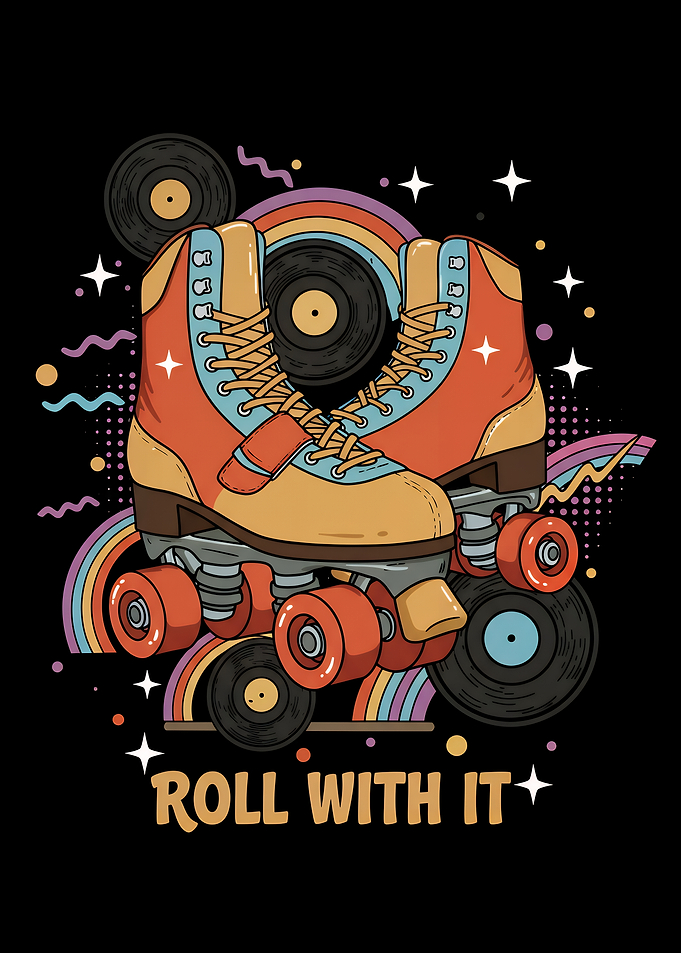 Retro Roller Skates with Rainbows and Records