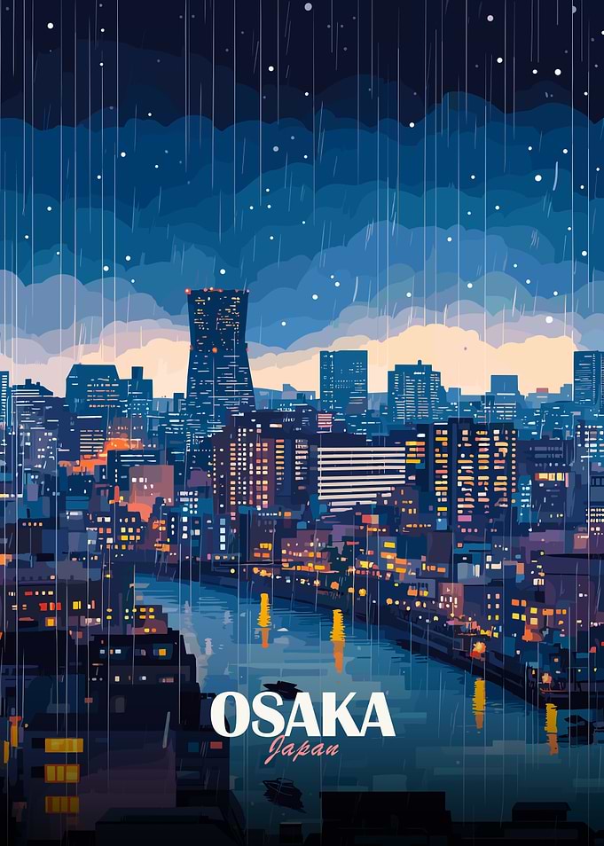 Osaka Japan Rainy Night Cityscape