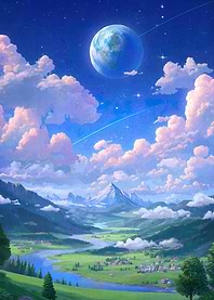 Fantasy Landscape with Planet and Clouds