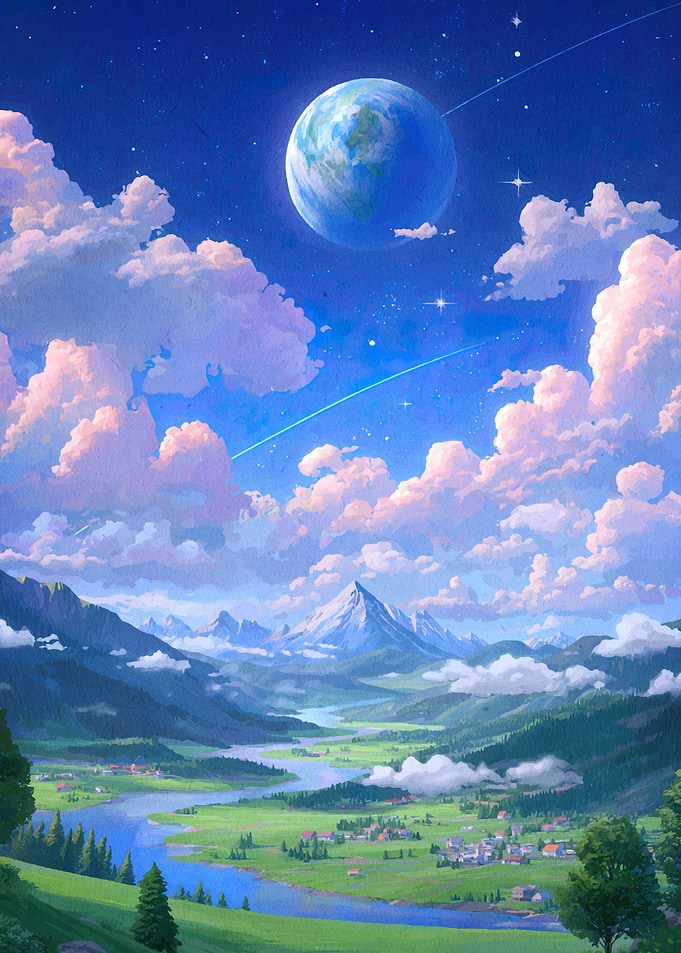 Fantasy Landscape with Planet and Clouds