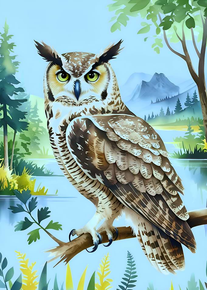 Watercolor Owl in Nature