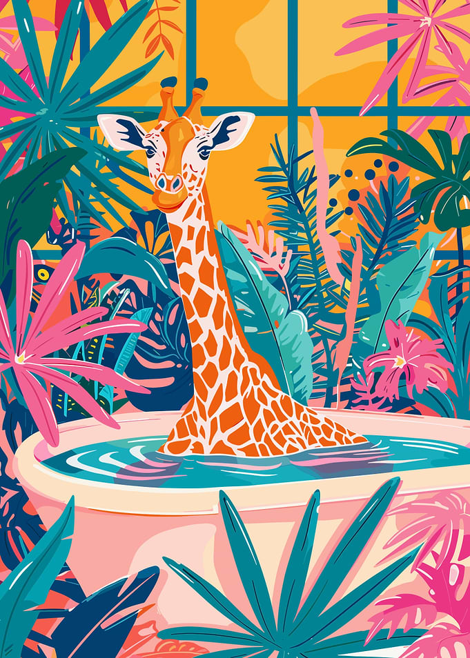 Giraffe in Bathtub Surrounded by Plants