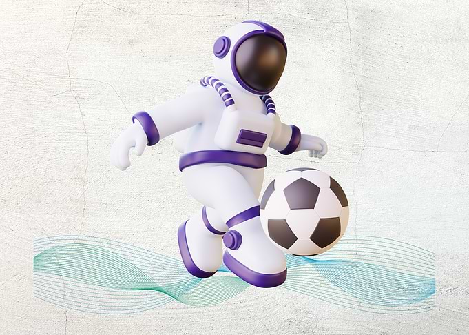 Astronaut playing soccer with a ball