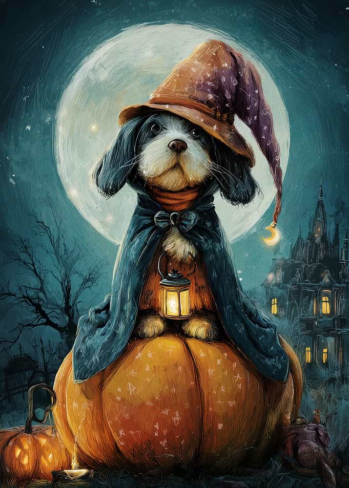 Dog Wizard on Pumpkin Halloween Night