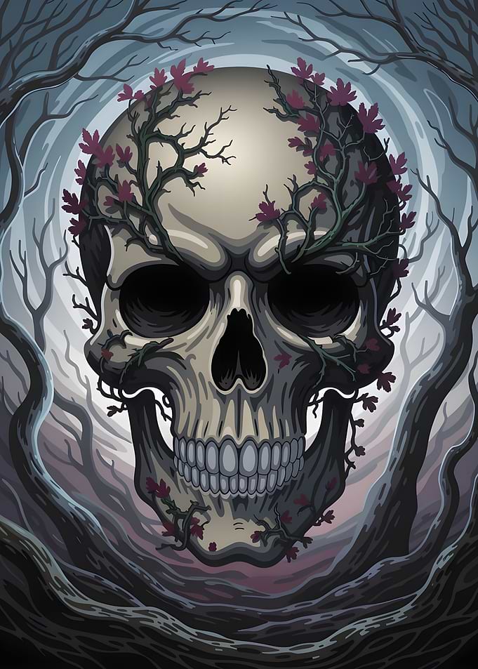 Skull with Vines in Forest Illustration