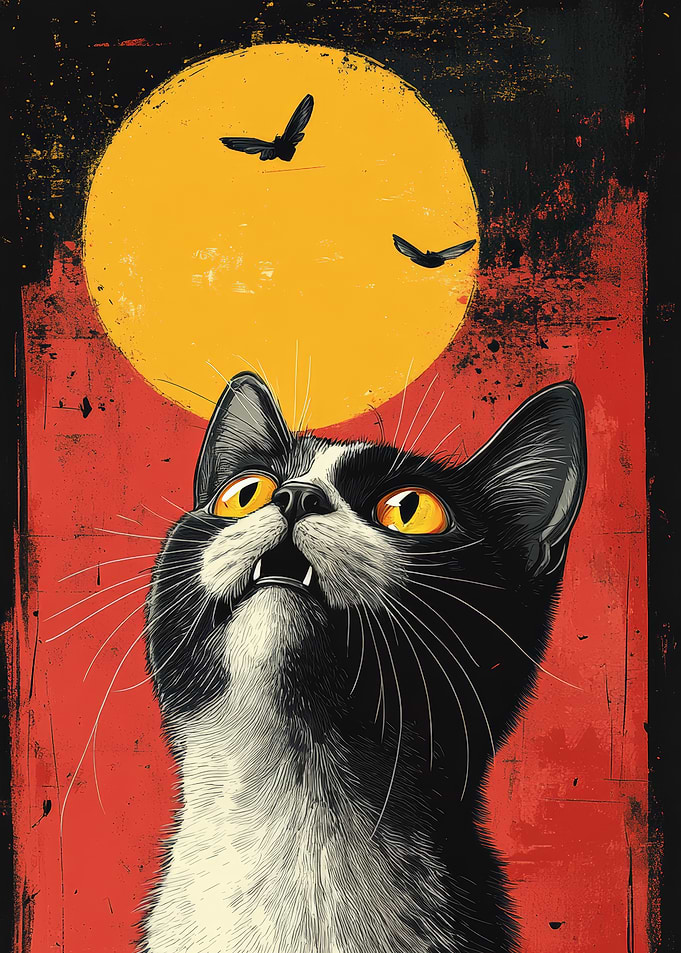 Halloween Cat with Bats and Moon
