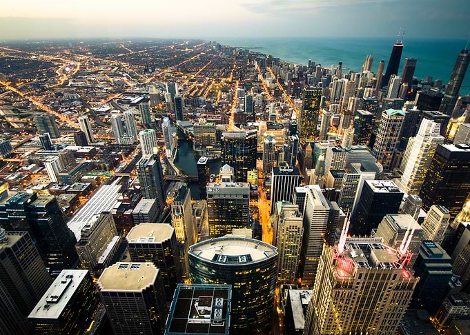 chicago skyline at night aerial view