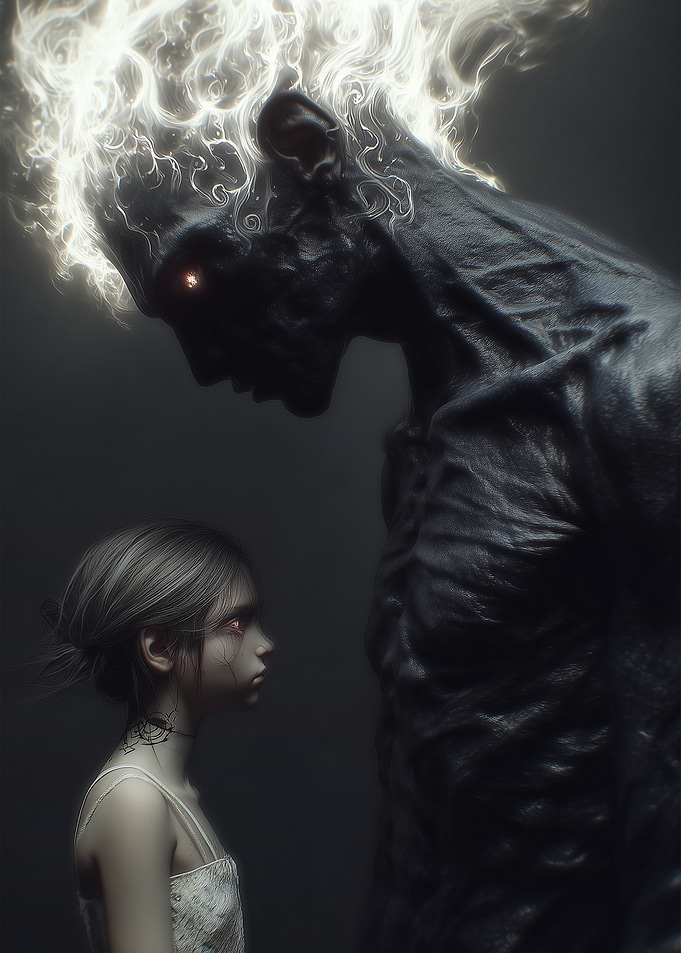 Girl and Monster with Glowing Hair