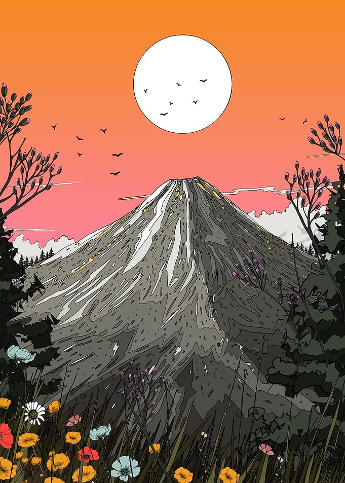 Mountain Landscape with Moon and Flowers