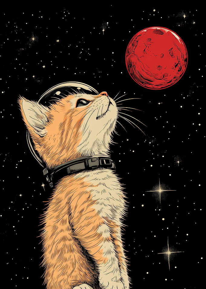Astronaut Cat Gazing at Red Planet