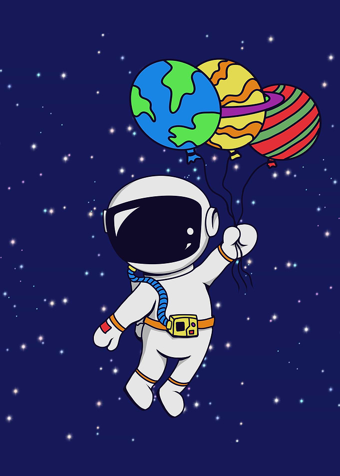 Astronaut with Planet Balloons in Space