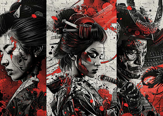Geisha and Samurai Trio Art