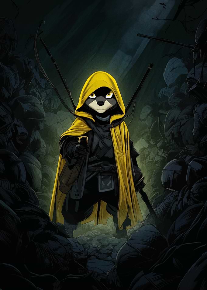 Anthropomorphic Raccoon Warrior in Yellow Cloak