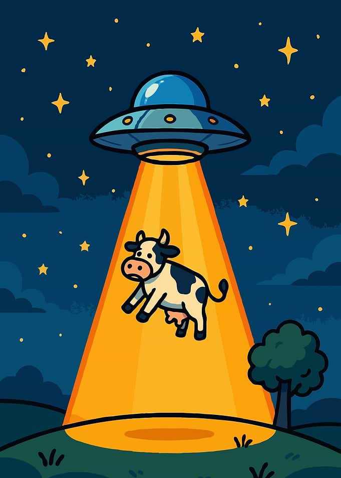 Cartoon UFO Abducting Cow at Night