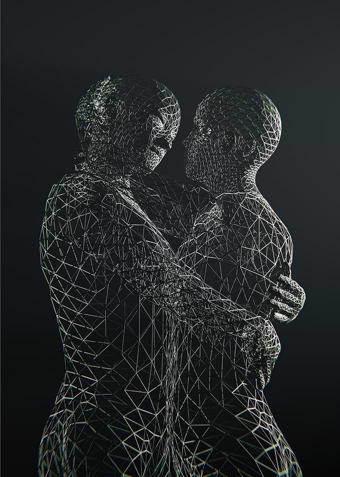 Wireframe Embrace on Black Background
