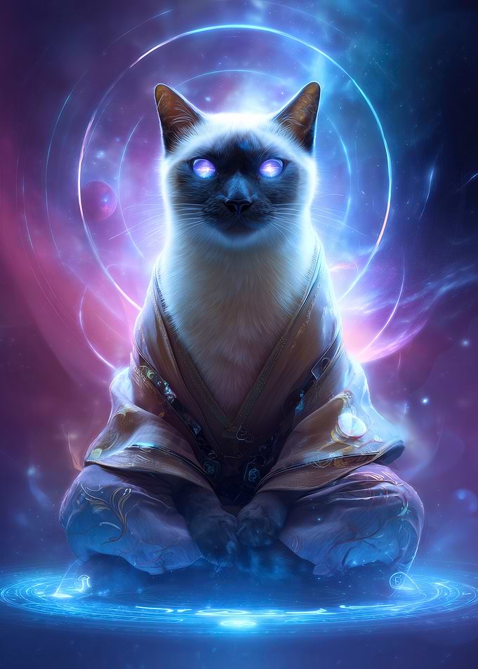 Siamese Cat Sorcerer in Robes with Glowing Eyes Cosmic Halo Magic Circle