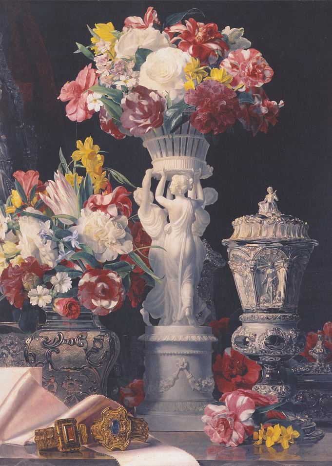 Floral Still Life with Sculpture and Jewelry