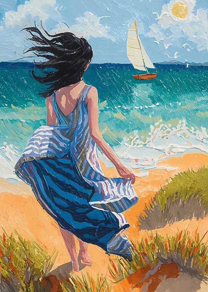 Woman on Beach with Sailboat Painting
