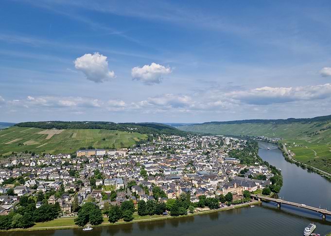Aerial view of a town and river