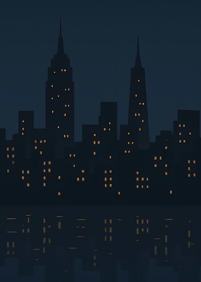 Night Cityscape Silhouette with Reflections
