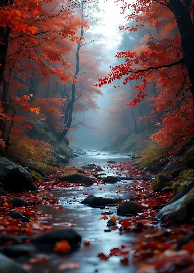 Mystical autumn forest with red foliage