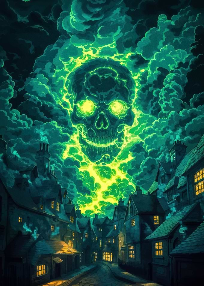 Eerie Green Skull Over Dark Town