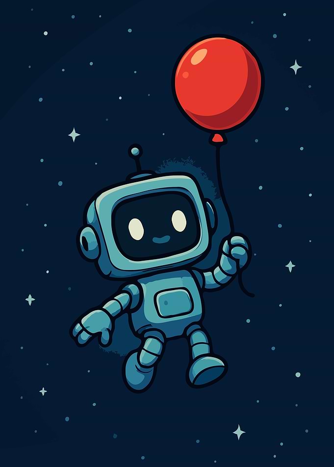 Robot with Balloon in Space Cartoon