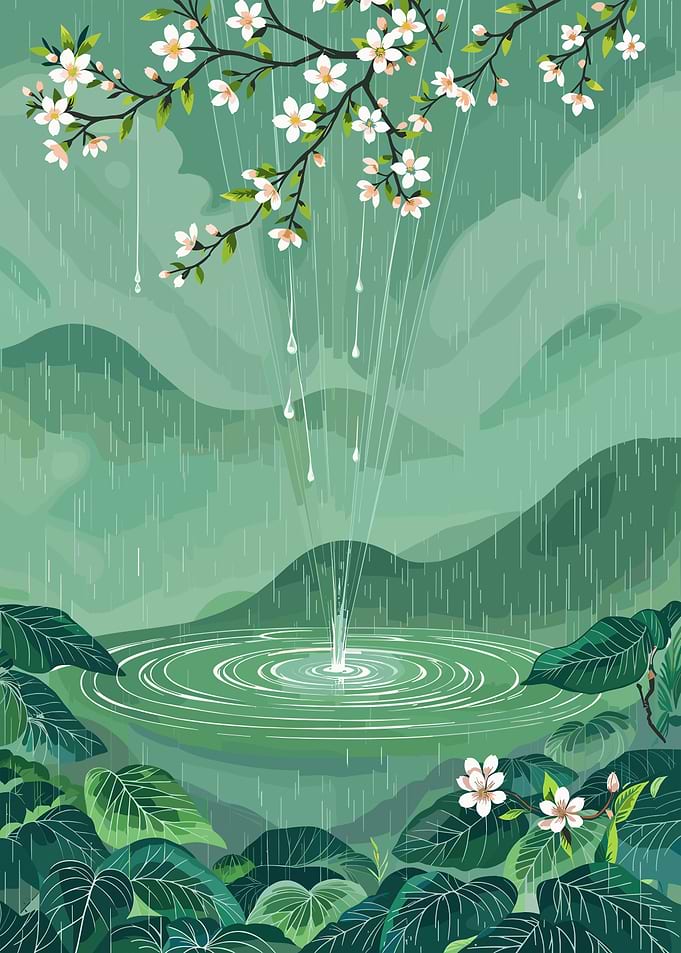 Rainy Day Landscape with Blossoms