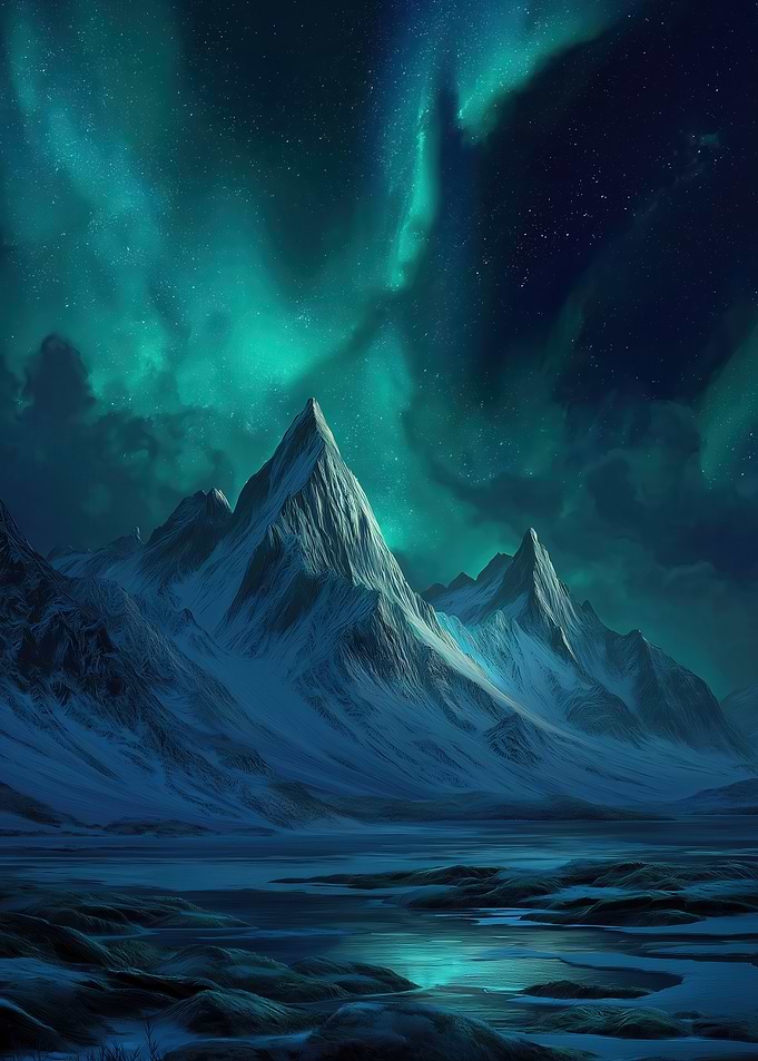 Aurora Borealis over Snowy Mountains