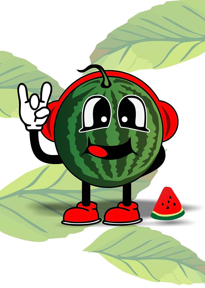 Cartoon Watermelon with Headphones and Rock Gesture