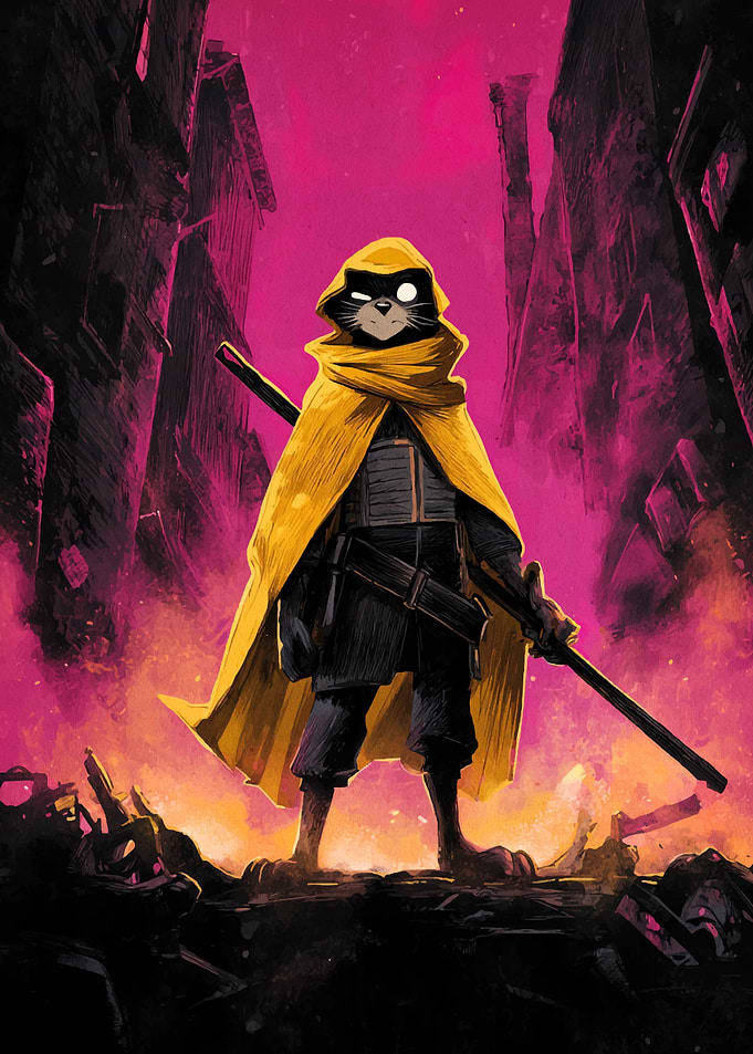 Cat Warrior in Post-Apocalyptic Cityscape