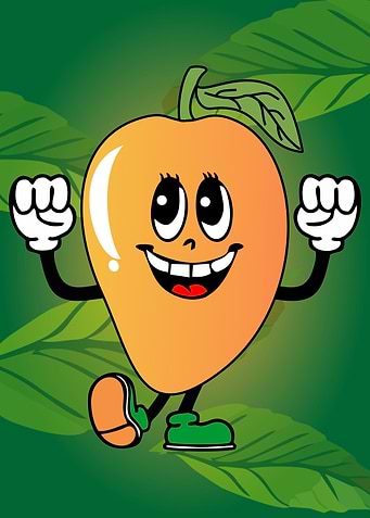 Cartoon Mango Character with Flexed Arms