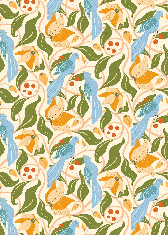 Floral Pattern with Birds and Berries
