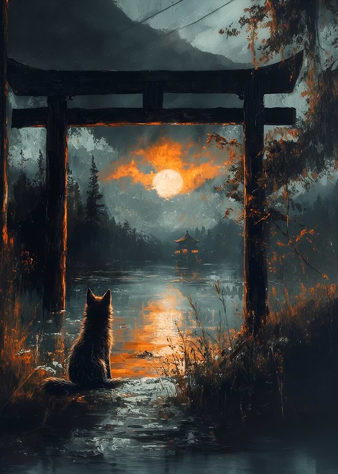 Fox at Torii Gate by Lake