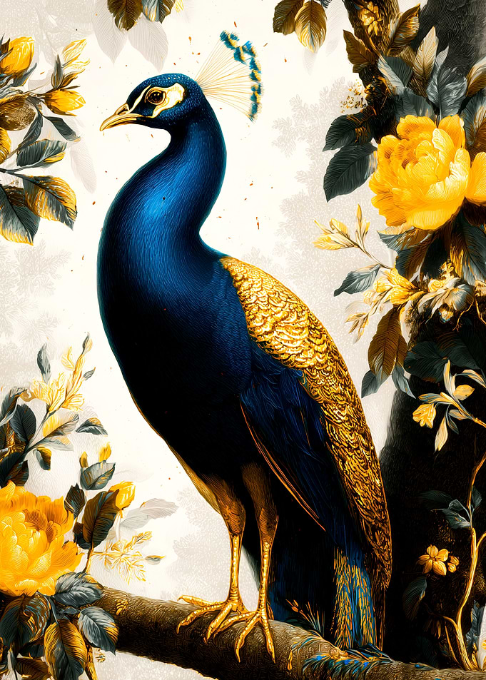 Peacock and Yellow Flowers Illustration