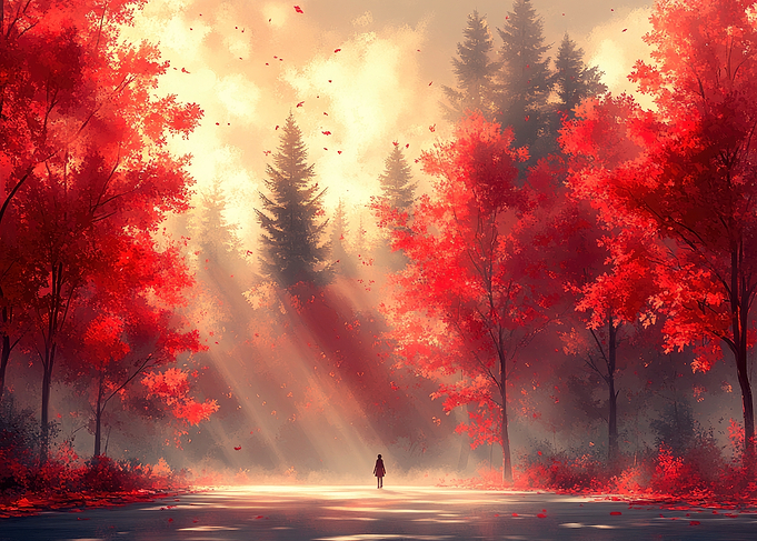 Autumn Forest with Figure and Sunbeams