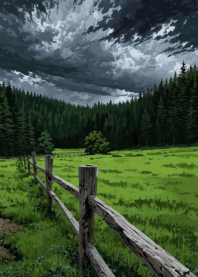 Green Field with Wooden Fence