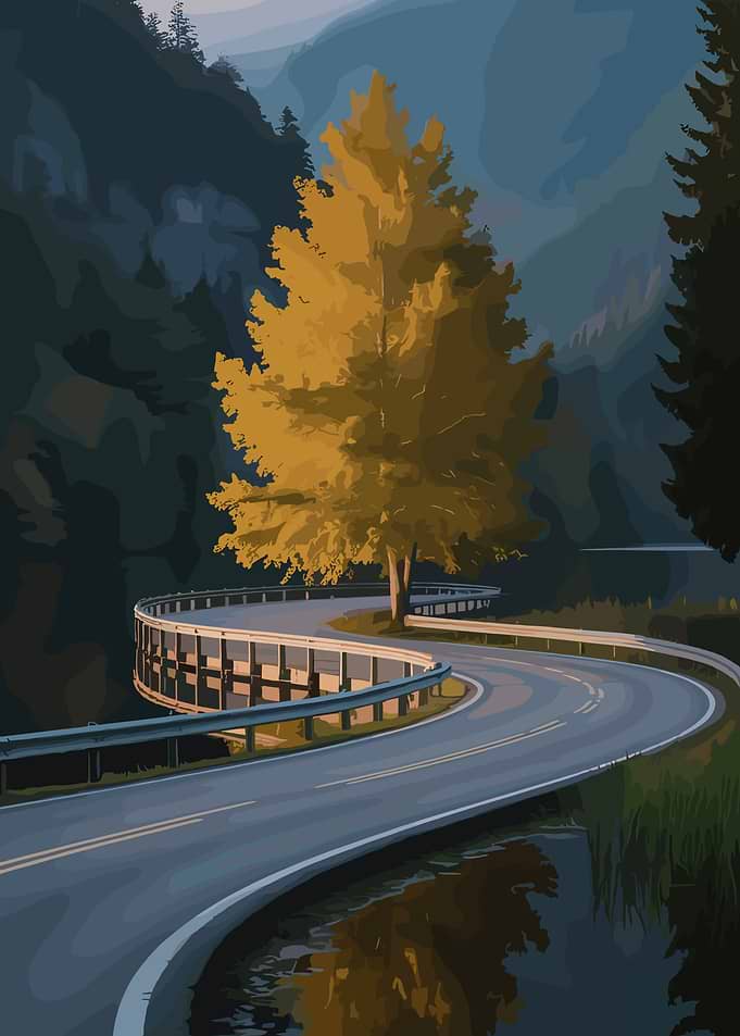 Winding Road with Autumn Tree