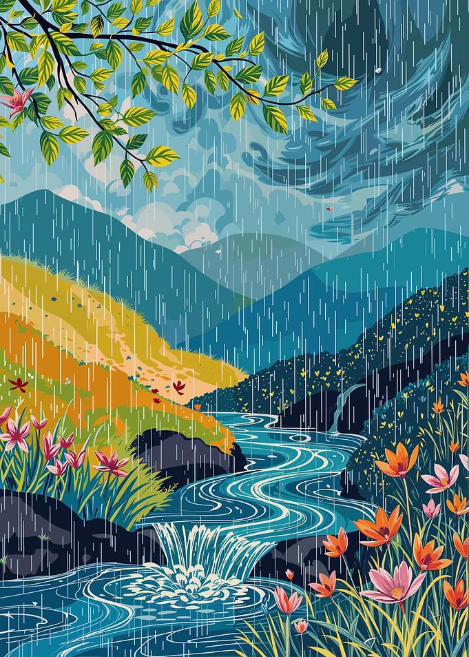 Rainy Landscape with River and Flowers