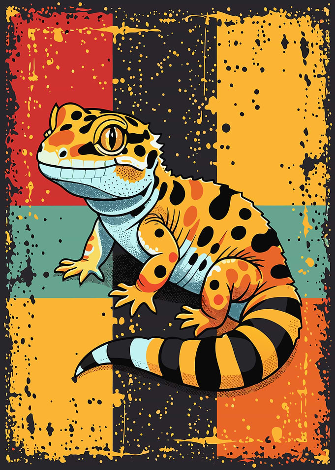Cartoon Gecko with Retro Background