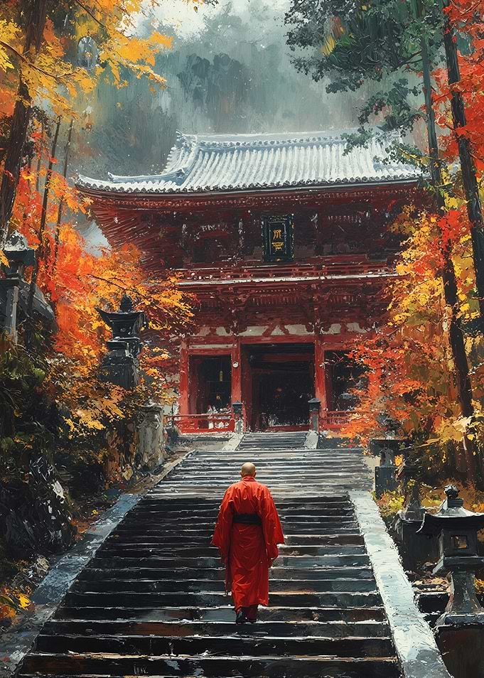 Monk Ascending Temple Steps in Autumn