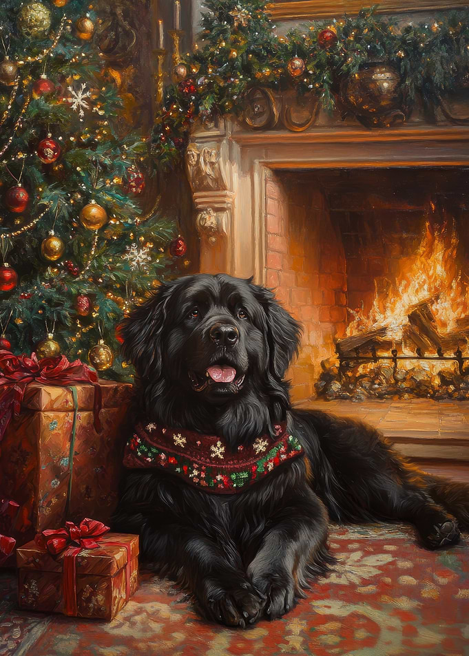 Christmas Newfoundland Dog by Fireplace Painting
