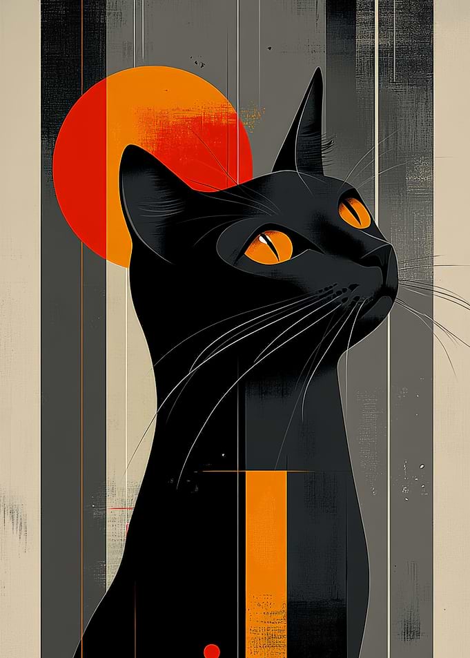 Abstract Black Cat with Orange Eyes