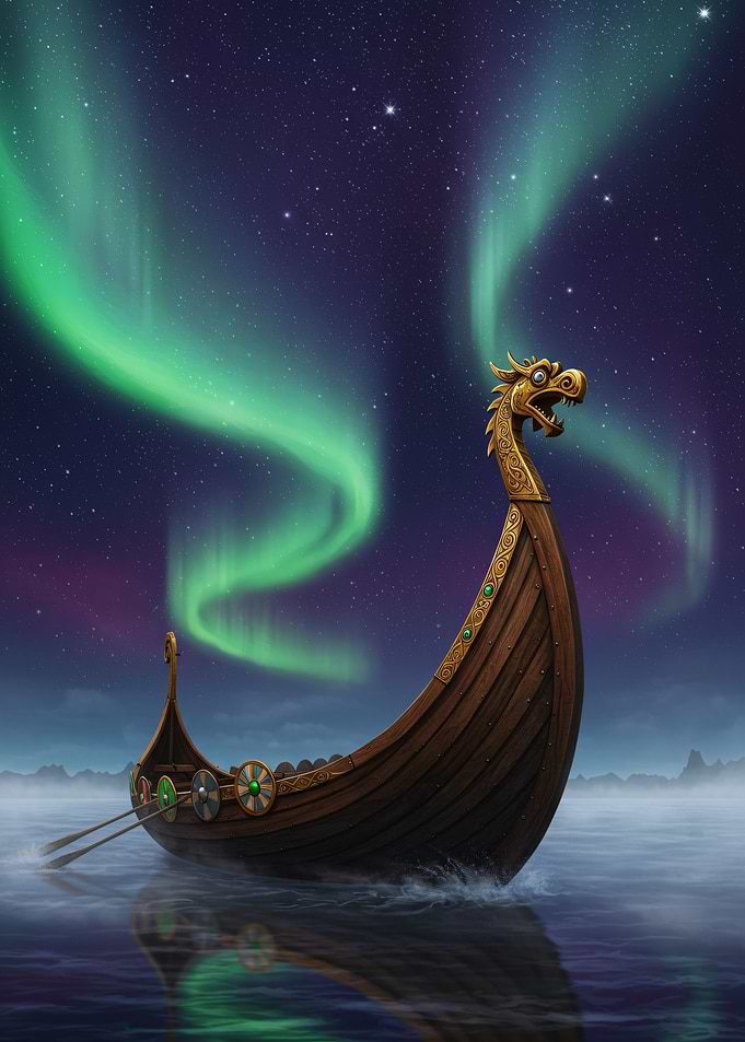 Viking Ship Under Aurora Borealis