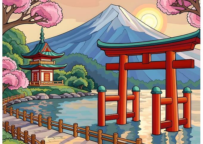 Japanese Landscape with Pagoda and Torii