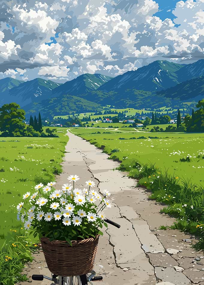 Daisy-filled bicycle basket on country path