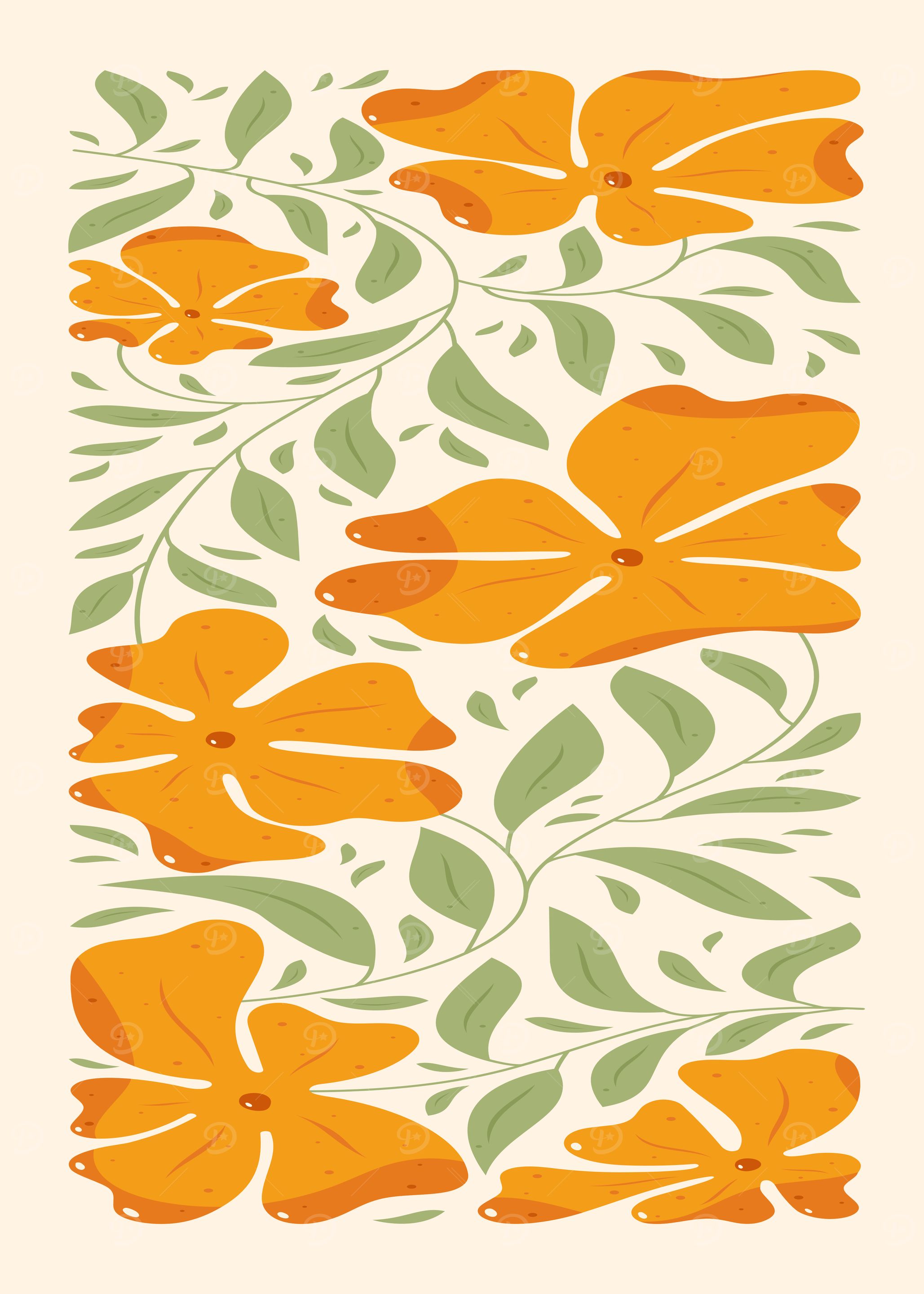 Floral Pattern with Orange Flowers and Leaves