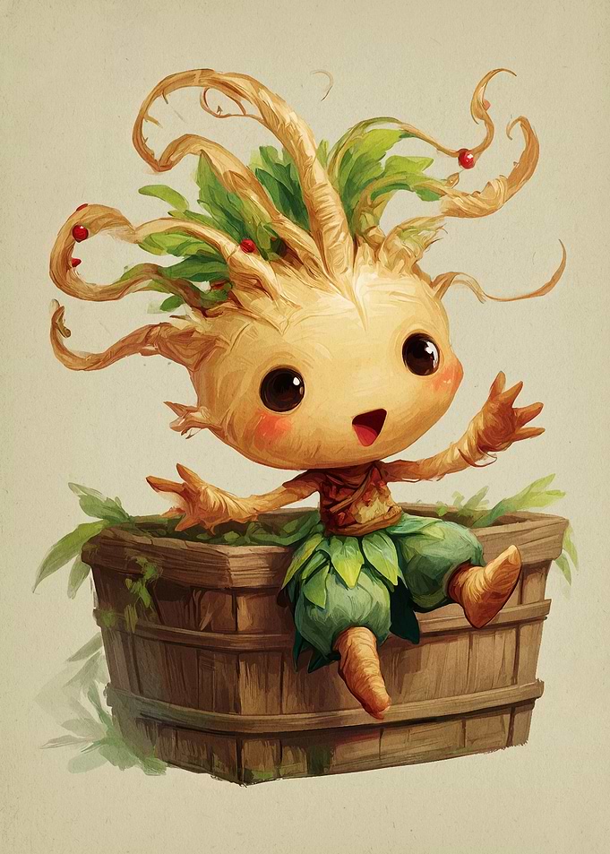 Cute Plant Creature in Wooden Pot